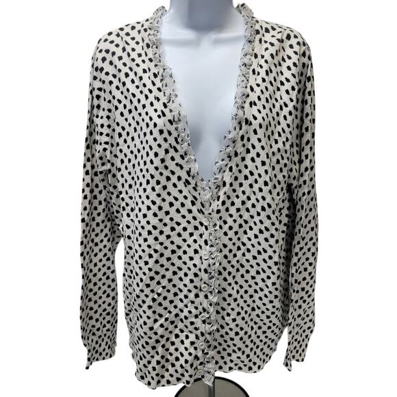 Lane Bryant Womens 22/24 Plus Black White Polka Dot Ruffle Silky Button Cardigan - Picture 1 of 3